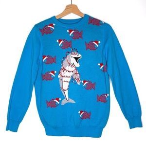 Ugly Christmas Sweater Blue Fish Dolphin - M